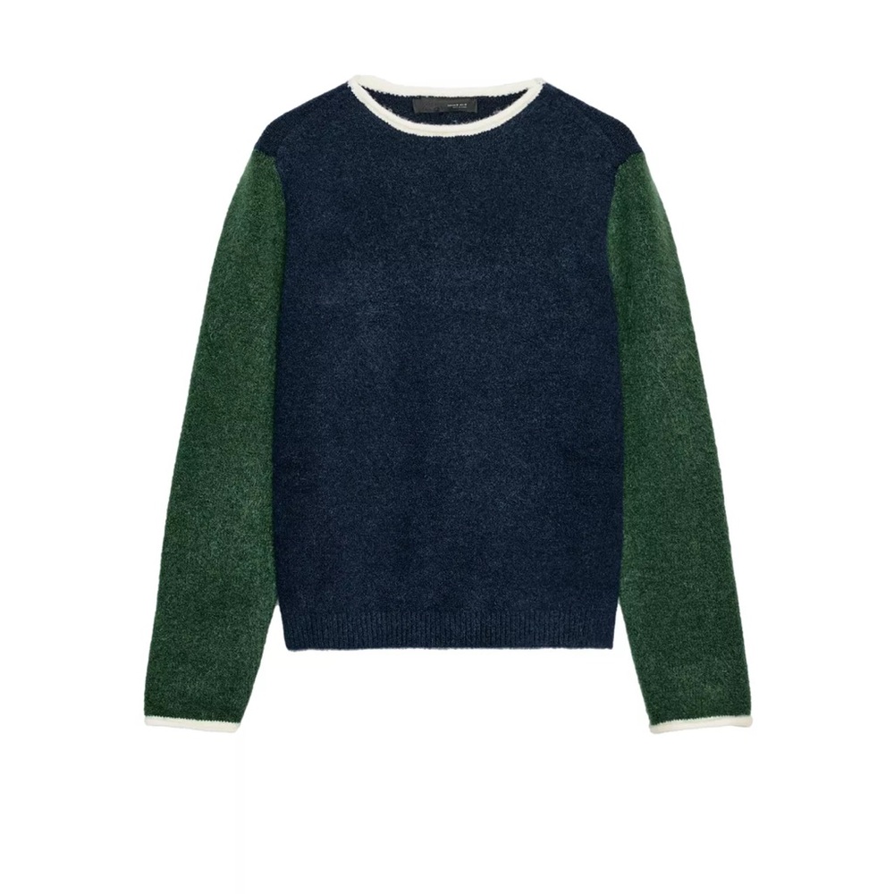 Zara Colorblock Navy and Forest Green Wool Crewneck Sweater
